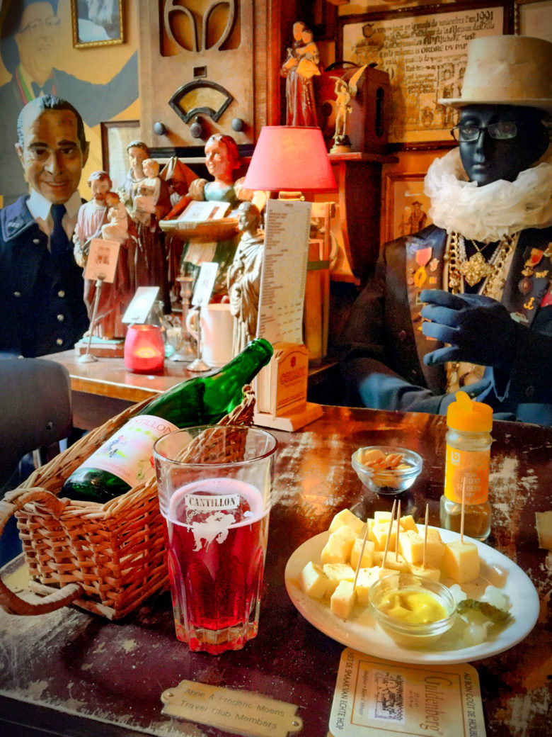 Cantillon beer & cheese served inside Poechenellekelder cafÃ©, Brussels